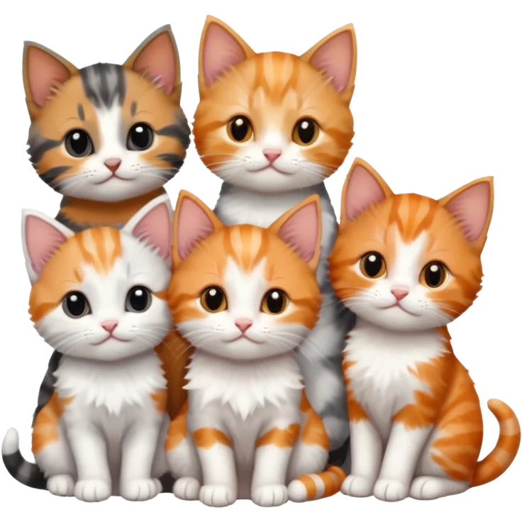 6 tiny kittens cuddling together all different colours, the first one is grey and white, the second is ginger and white and the third is brown tabby and white emoji