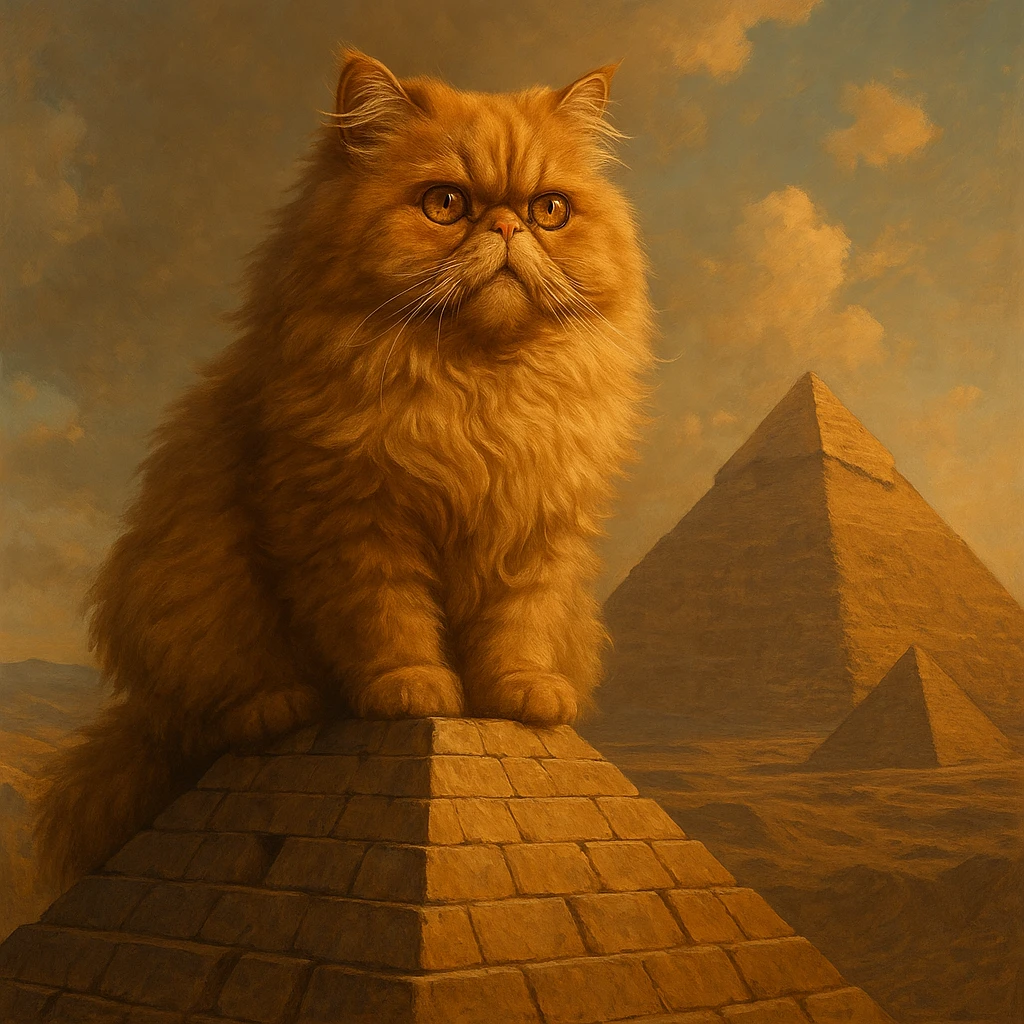 a detailed digital art of a Persian cat on top of an Egyptian pyramid emoji