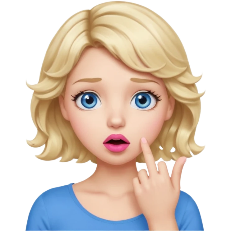 Girl Blonde short wavy hair,  blue eyes, cute blue top, long lashes, pink lips, shocked, hand over the mouth emoji
