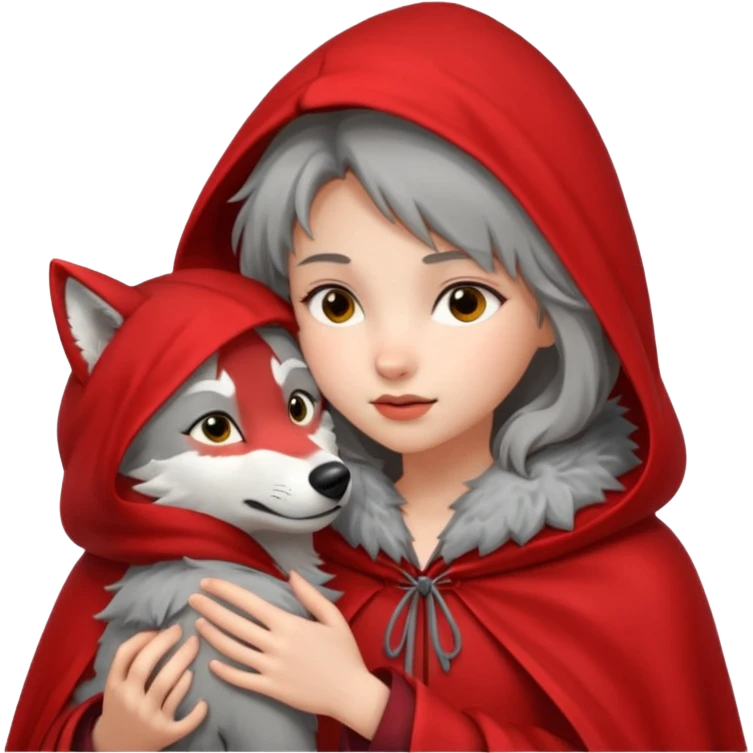 Niña del cuento de caperucita roja acariciando la cabeza de un lobo macho emoji