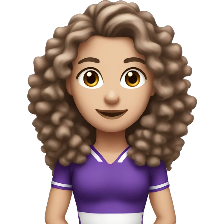 Caucasian cheerleader with long brown curly hair and purple Pom-poms emoji