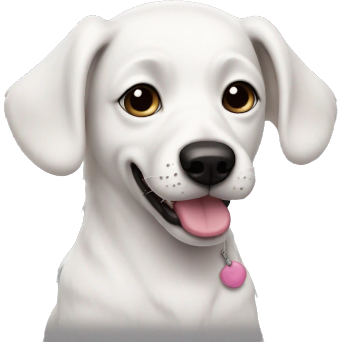 White dog with black ears, black nose, saggy pink eyes emoji