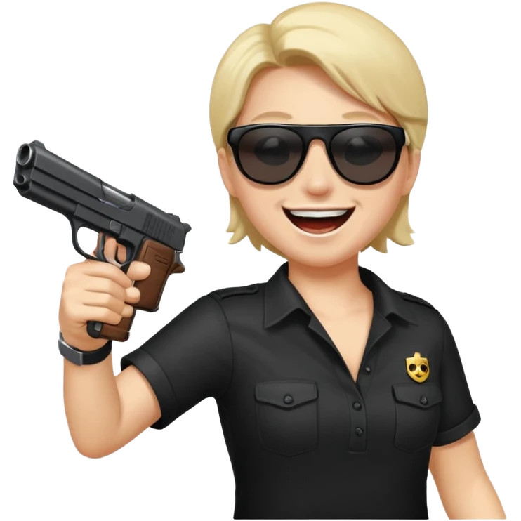 Quiero un emoji con lentes negros con una pistola automática en la mano riéndose y pasandose la pistola por la cara emoji