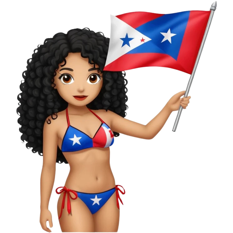 Tan skin girl with black curly hair holding a Puerto Rican flag while wearing a bikini emoji