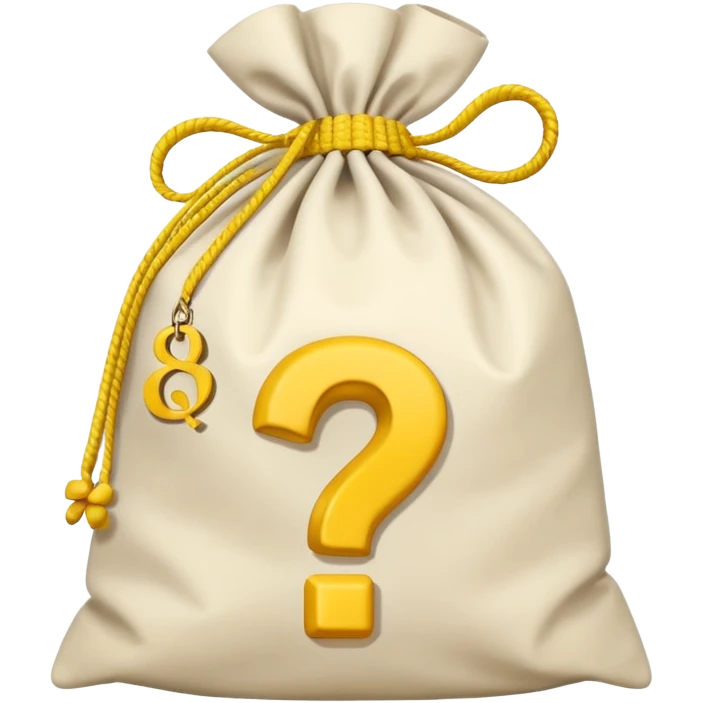 tied bag printed with q&a overstuffed with yellow question marks emoji