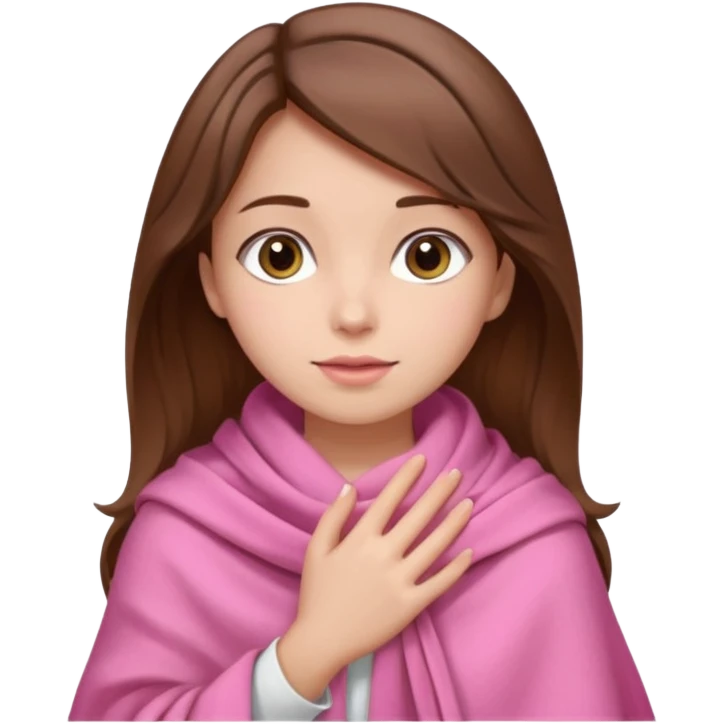 A girl with brown hair, wearing a pink shawl, has beautiful features and her hand rests on the shawl. emoji