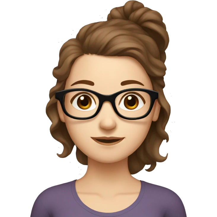 White girl with wavy brown hair, brown eyes and black glasses doing yoga emoji