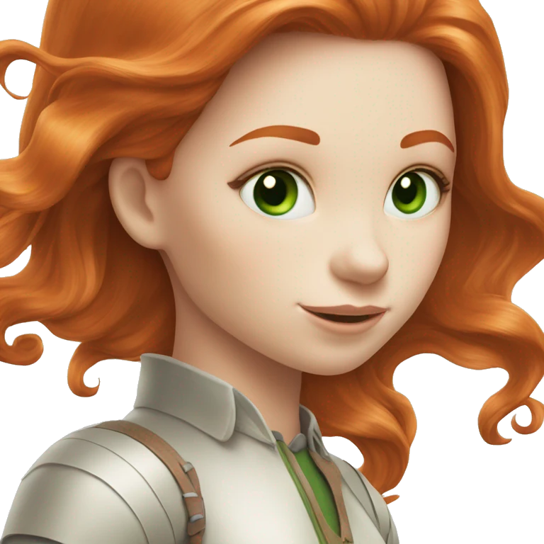 Redhead (ginger) girl, long blowout hair, green eyes and pale skin riding a white horse emoji