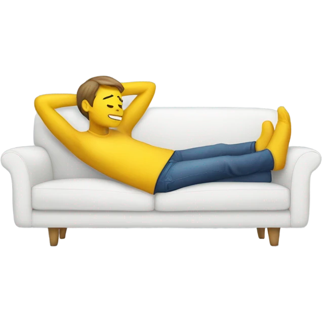 A person lying on a sofa, one leg crossed over the other, with hands behind the head, relaxing in a cozy setting, yellow emoji color skin emoji
