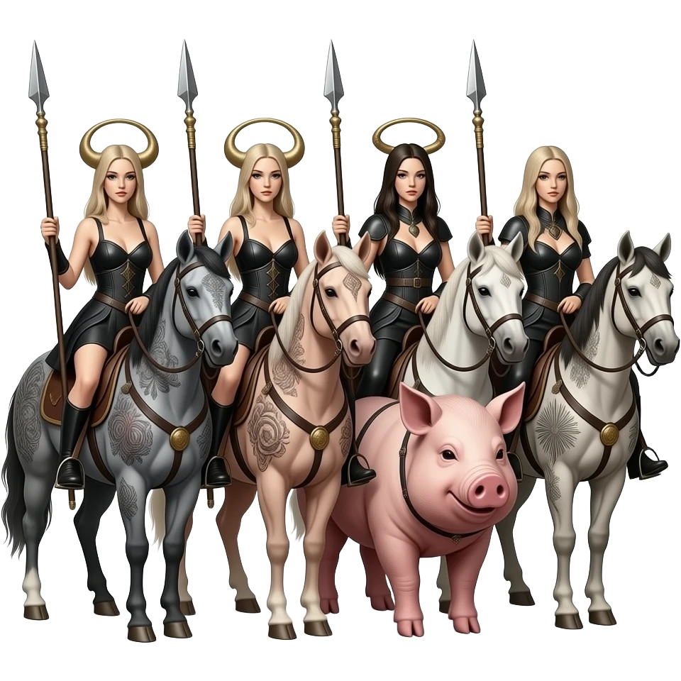 steampunk - four thin and pale female horsemen of the apocalypse ride large tattooed pigs in a messy composition emoji