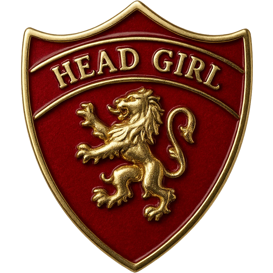 real Gryffindor head girl badge, no people, raised lion emblem, 'Head Girl' text, shiny red and gold finish, official Hogwarts award style emoji