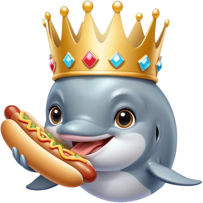 Dolphin wearing a sparkly crown long lashes with big eyes and lashes eating hot dogs Japanese emoji