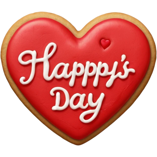 Heart-shaped cookie with red icing emoji, write 'happy valentine's day' on top of the red icing in white icing emoji