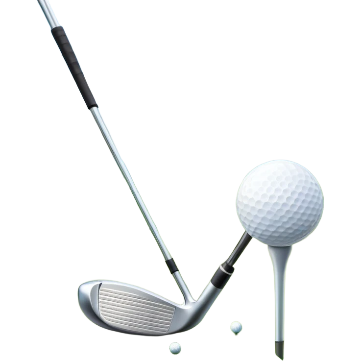 A golf ball on a tee, with a golf club placed beside it on the lush green fairway. The background shows a serene golf course with neatly trimmed grass and a clear blue sky, emphasizing the elegance and precision of the game. emoji