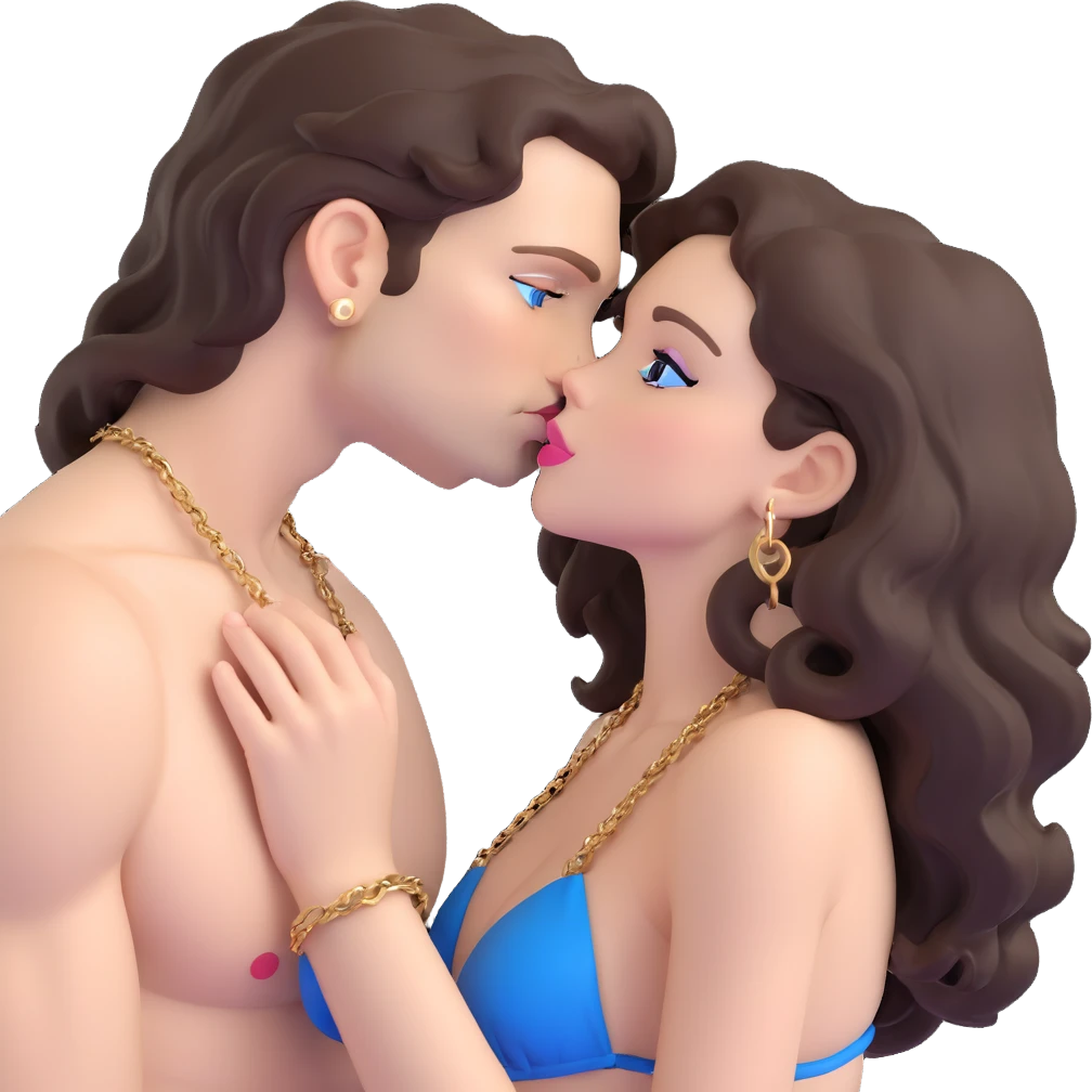 attractive couple kissing on beach at sunset, orange and pink sky, ocean waves, curvier woman with fuller figure, big blue-grey eyes, long lashes, pale skin, pink lips, long voluminous dark brown curls, gold hoop earrings, tiny string bikini on her plumper body, embracing handsome man with intense blue-grey eyes, chiseled features, pale skin, dark brown styled hair, gold chain, minimalist swimwear, romantic intimate moment emoji