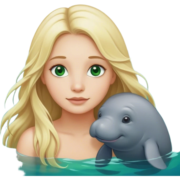 Long hair blonde girl with green eyes in the ocean with manatee emoji