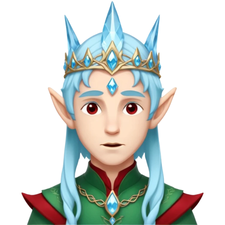 Fantasy elf portrait emoji, icy blue crystal crown with deep red accents, elegant elven features, cold noble winter expression, ice and crimson color palette, minimal clean design, flat readable emoji style, male variant emoji