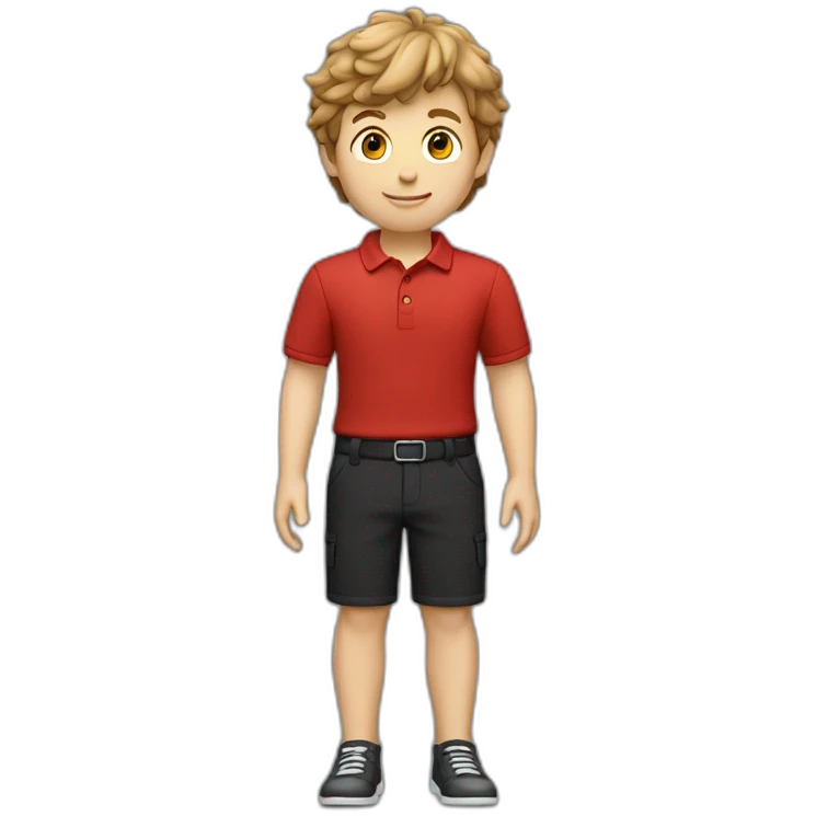 Caucasian-boy-child-shaggy-light-brown-hair-red-polo-shirt-black-trousers emoji
