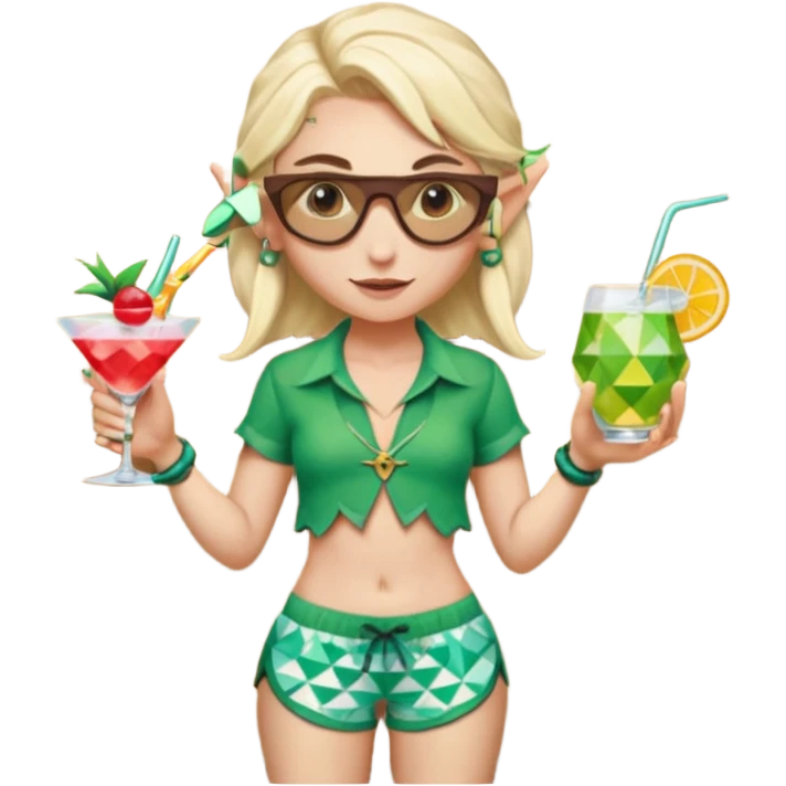 elf female legolas portrait, patterned board shorts (geometric/abstract), unique wooden-framed sunglasses, undercut hairstyle, slight smirk, visible pointy ears, no background, centered emoji, hipster summer vibe coctails emoji