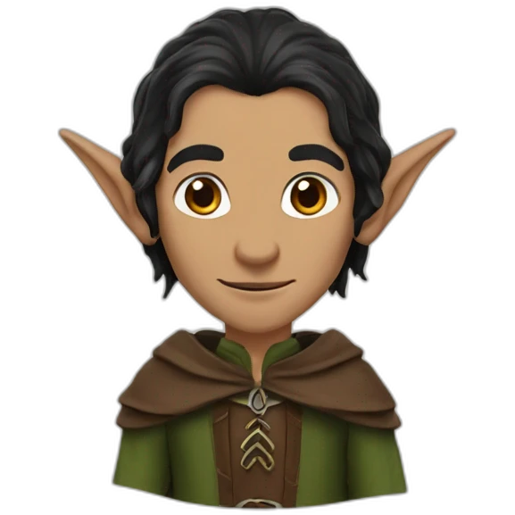 An elf from the lord of the rings, black long hair, pointy ears, brown eyes colors emoji