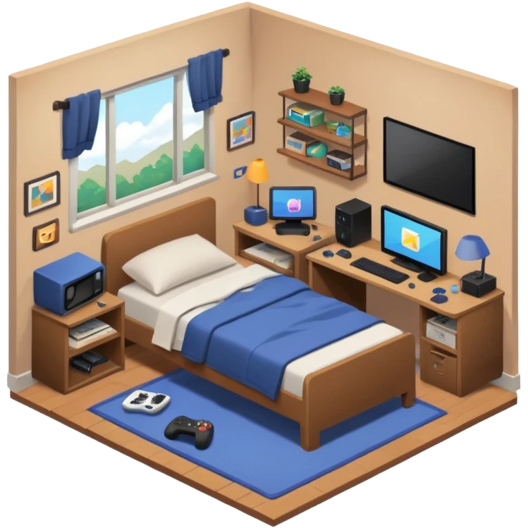 Teenage boy's ultra detailed bedroom interior isometric emoji