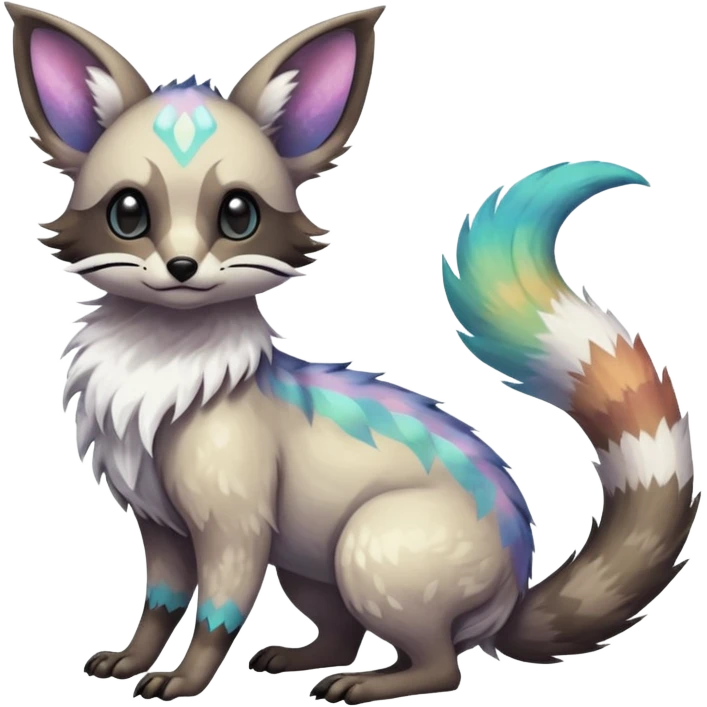 Rare iridescent white exotic epic aesthetic colorful Trico-Eevee-Civet-species-Fakemon-hybrid-creature, with intricate tattoo markings, full body emoji