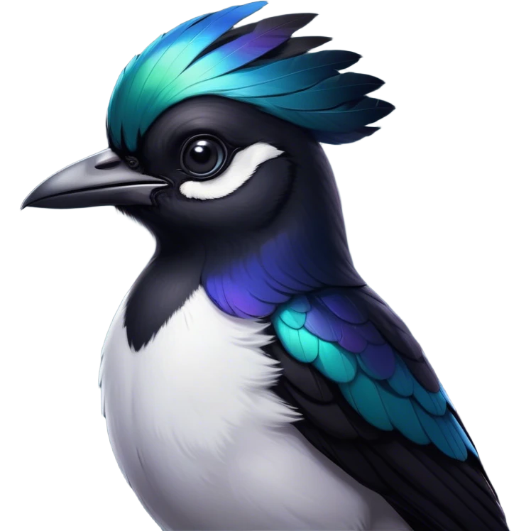 Cinematic Noble Magpie Portrait Emoji, Poised and sleek, with striking, iridescent black and white plumage, a sharp, inquisitive beak, and intense, observant eyes, Simplified yet sharp and sophisticated features, highly detailed, glowing with a soft, urban gleam, high shine, intelligent and graceful, stylized with an air of mischievous charm, focused and alert, soft glowing outline, capturing the essence of a watchful and confident magpie that appears ready to dart out of the screen with effortless authority! emoji