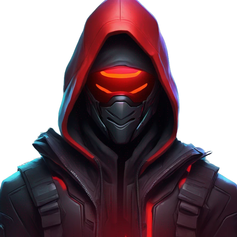 developer behind his laptop with this style : crysis Cyberpunk Valorant neon glowing bright red character dark red black hooded assassin themed character emoji