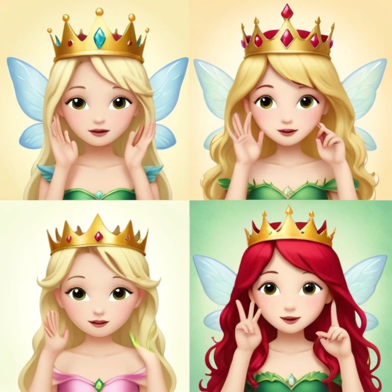 crea quattro fatine, una bionda con la corona, una castana, una mora e una rossa sempre con la corona mentre mandano l’occhiolino e un bacetto emoji