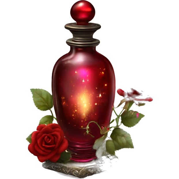 Dark red magic fairy sparkling old Antique oil perfume bottle with herbal and rose flowers emoji