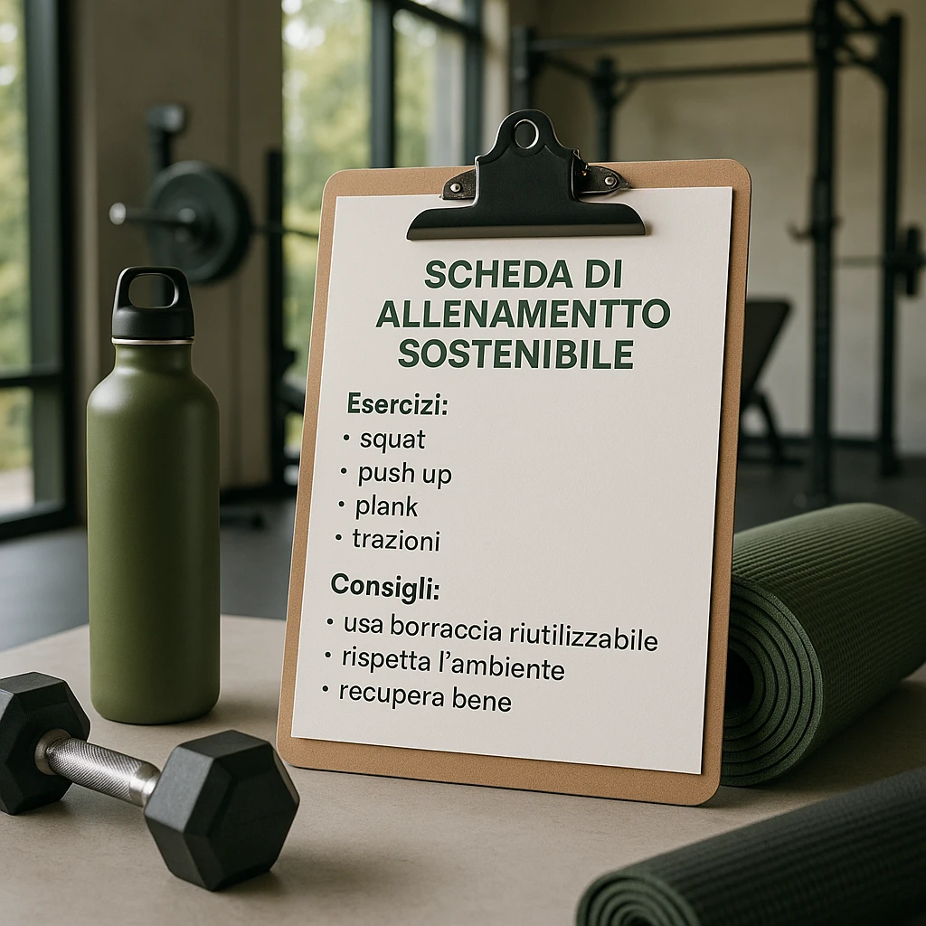 Add Italian text on the sheet with the following content: 'Scheda di allenamento sostenibile', 'Esercizi: squat, push up, plank, trazioni, affondi', 'Consigli: usa borraccia riutilizzabile, rispetta l’ambiente, recupera bene'. Style should be hyperrealistic, 4K, modern and sustainable gym. emoji