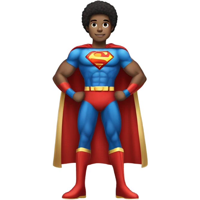 Afro light-skinned tall  muscular male teenager in red gold and blue Superman superhero costume. emoji