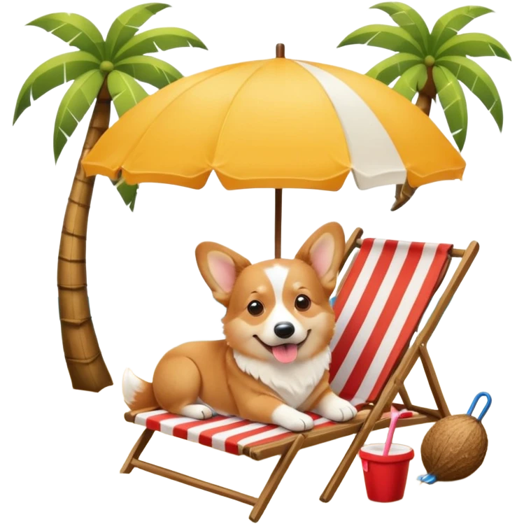 a corgi dog laied on a beach chair, a sunny beach, a sun umbrella, and beach coconut trees. the icon should capture the essence of a relaxing beach vacation with a carefree atmosphere emoji