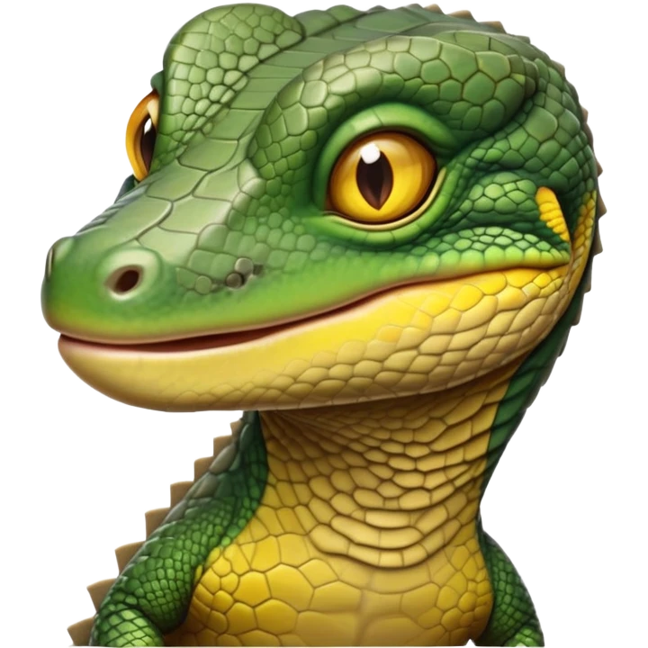 cinematic-realistic-cute-monitor-lizard-portrait-emoji,-head-tilted-playfully-and-inquisitively,-featuring-a-compact,-agile-body-with-finely-detailed,-glossy-scales-in-earthy-olive-hues-and-a-distinct,-alert-face-with-bright,-curious-eyes, yellow and dark green emoji