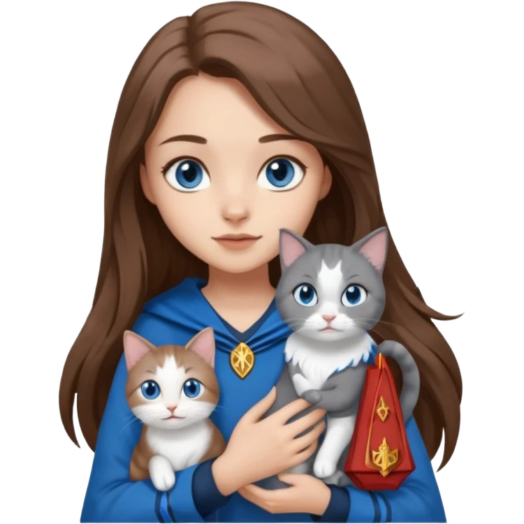 gorgeous Girl with light skin, blue eyes, long brown hair, wears a ravenclaw outfit, with a grey and white cat holding in her arms emoji