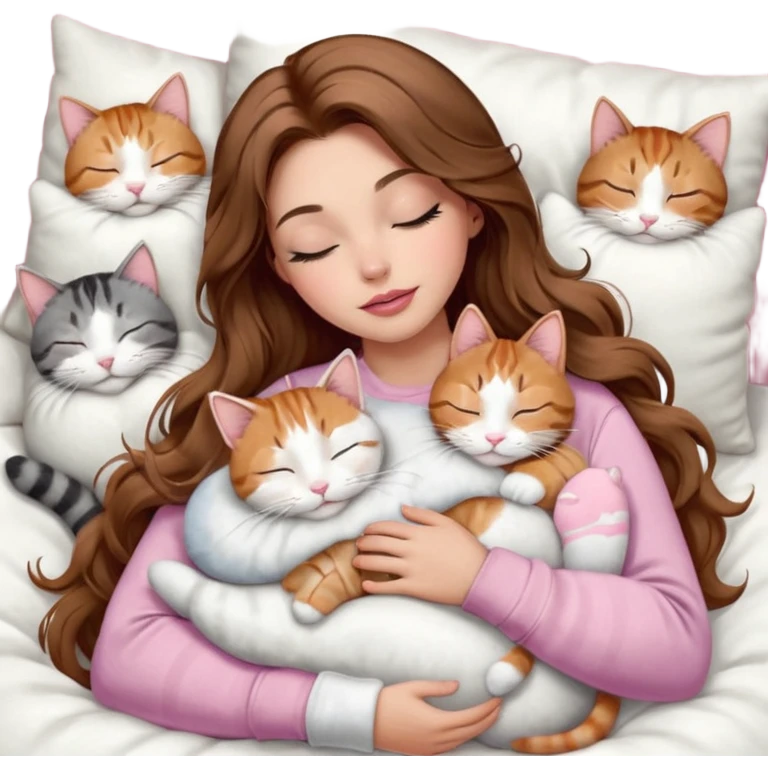girl with long wavy brown hair, brown eyes, long lashes makeup, sexy pink lips, light to medium complexion,  sleeping on a cozy pillow, with 6 cats: 1 brown and white tabby cat, 1 ginger and white, 2 grey and white, 1 grey with white mittens and small white patch on chest and 1 calico, sleeping emoji
