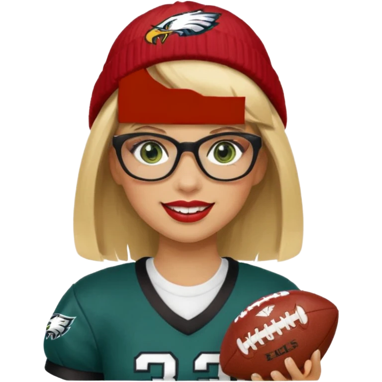 full length women wearing eagles uniform, long blonde hair, styled bangs, green eyes, black glasses, holding football, number 33, smiling, lipstick, eagles beanie emoji