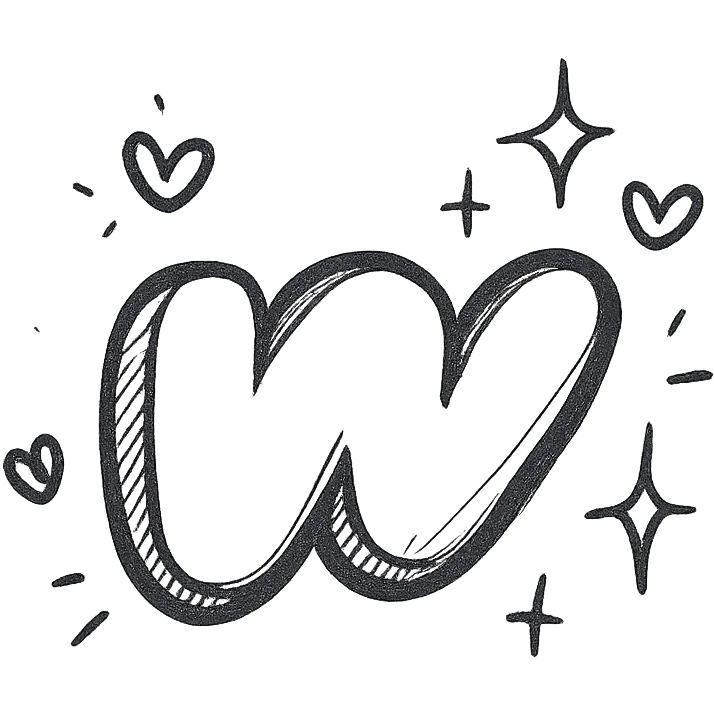 plump hand-drawn Wattpad logo 'w' with bold outline, expressive shadows and highlights, decorated with sparkles and floating hearts around the logo, no background emoji