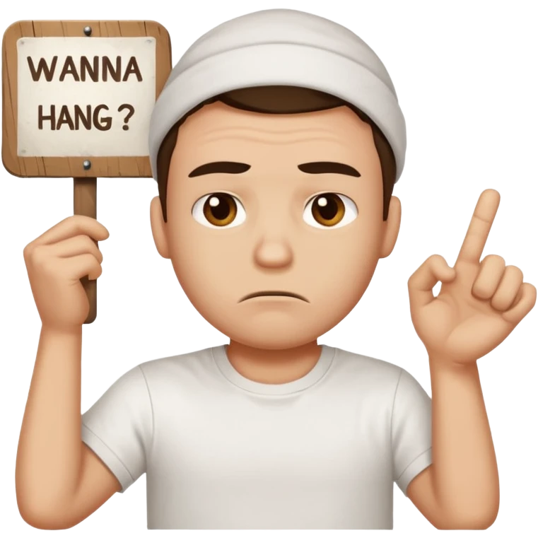 A man holding a sign that says “wanna hang? Wanna chill?” While looking pouty emoji