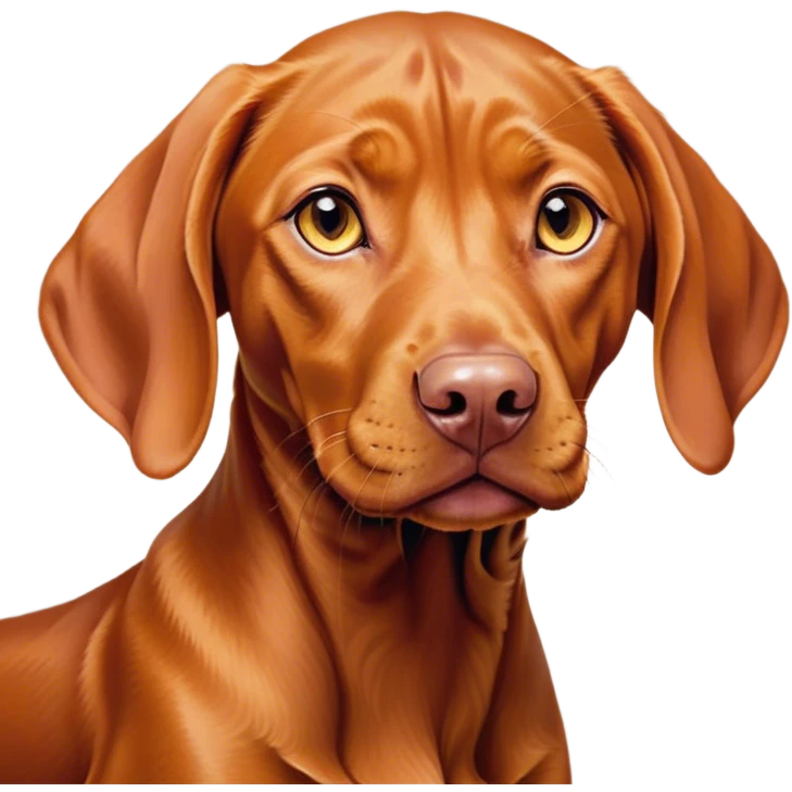 Cinematic Cute Vizsla Portrait Emoji, Head tilted playfully and inquisitively, featuring a sleek rust and gold Fur with a natural sheen, round, sparkling amber eyes filled with curiosity, Simplified yet irresistibly adorable features, highly detailed, glowing with a warm, friendly glow, high shine, affectionate and spirited, stylized with a touch of whimsy, bright and endearing, soft glowing outline, capturing the essence of a mischievous yet loving companion, so playful it feels like it could dash out of the screen and into your arms! emoji