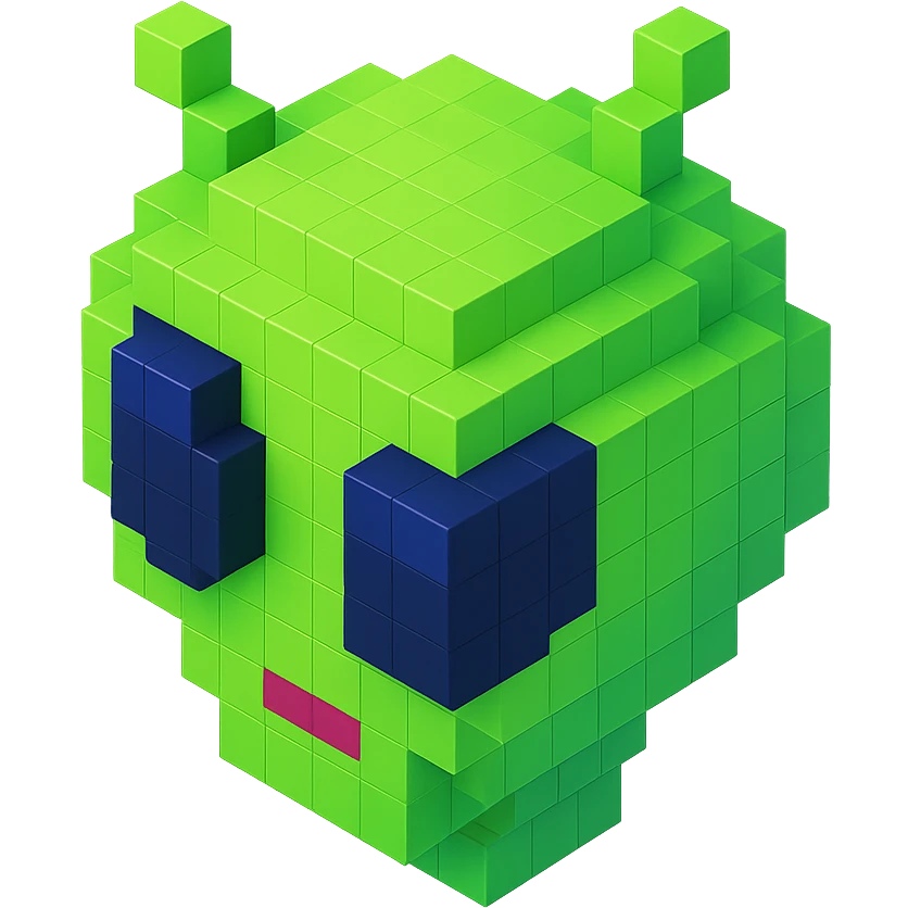 green alien with big black eyes and a small mouth, isometric view emoji