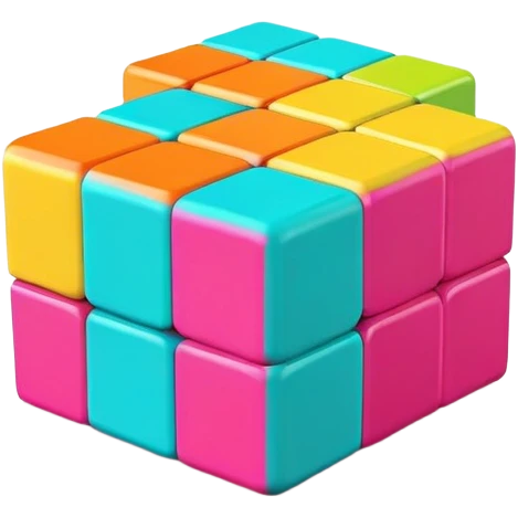 A 3x3 Rubik's Cube with vibrant tropical colors: bright turquoise, hot magenta, lime green, sunshine yellow, coral orange, vibrant aqua, minimalist iOS emoji style emoji