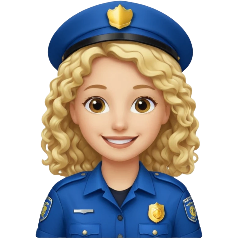 Female POLICE IN blue, long blonde curly hair, happy smile emoji