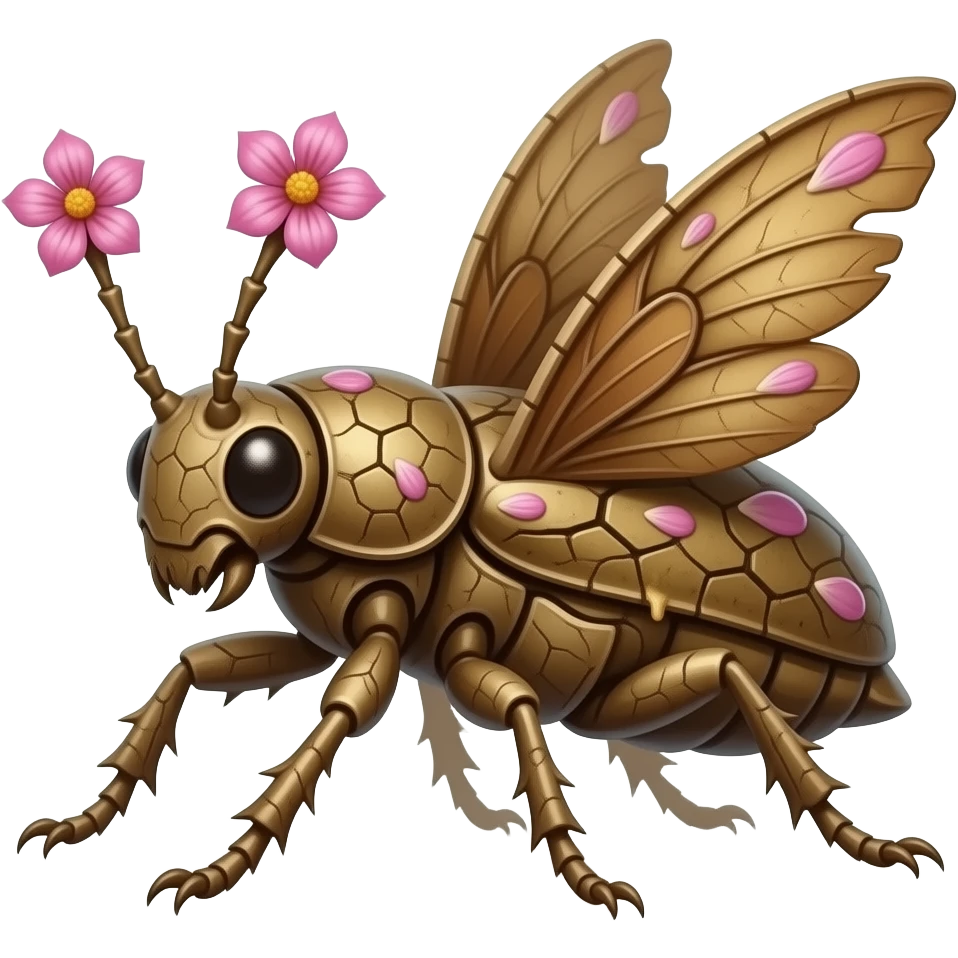 Flying Walkingstick beetle crawler with sticky sap in cracks in its bark-like body. petal wings it's made of bark but has a shell on its back, it has spikes and runs fast with all its limbs. It's full of pink petal markings, petal bark body, flower antennas emoji