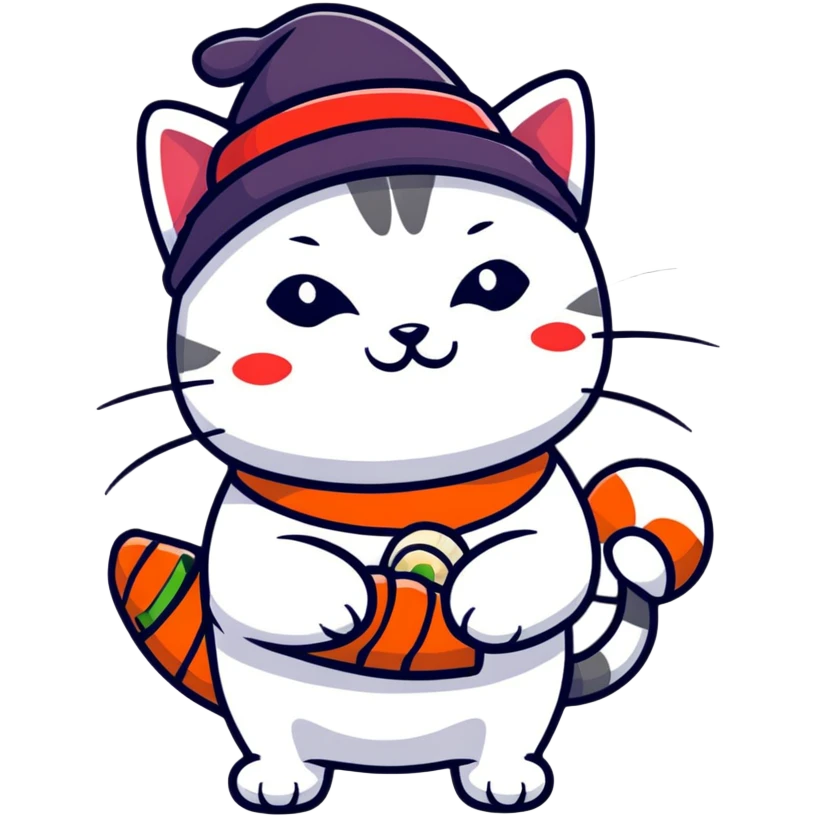 cat wearing a hat made out of sushi emoji