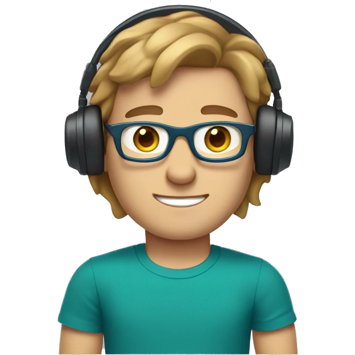 white young man light brown hair square glasses blue eyes wearing green t-shirt with laptop and headphones emoji