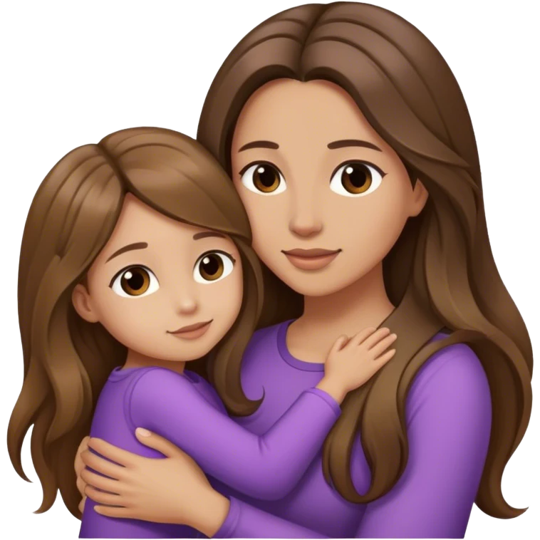 Mom with long balayage beautiful hair and daughter Children with long brown hair hugging emoji