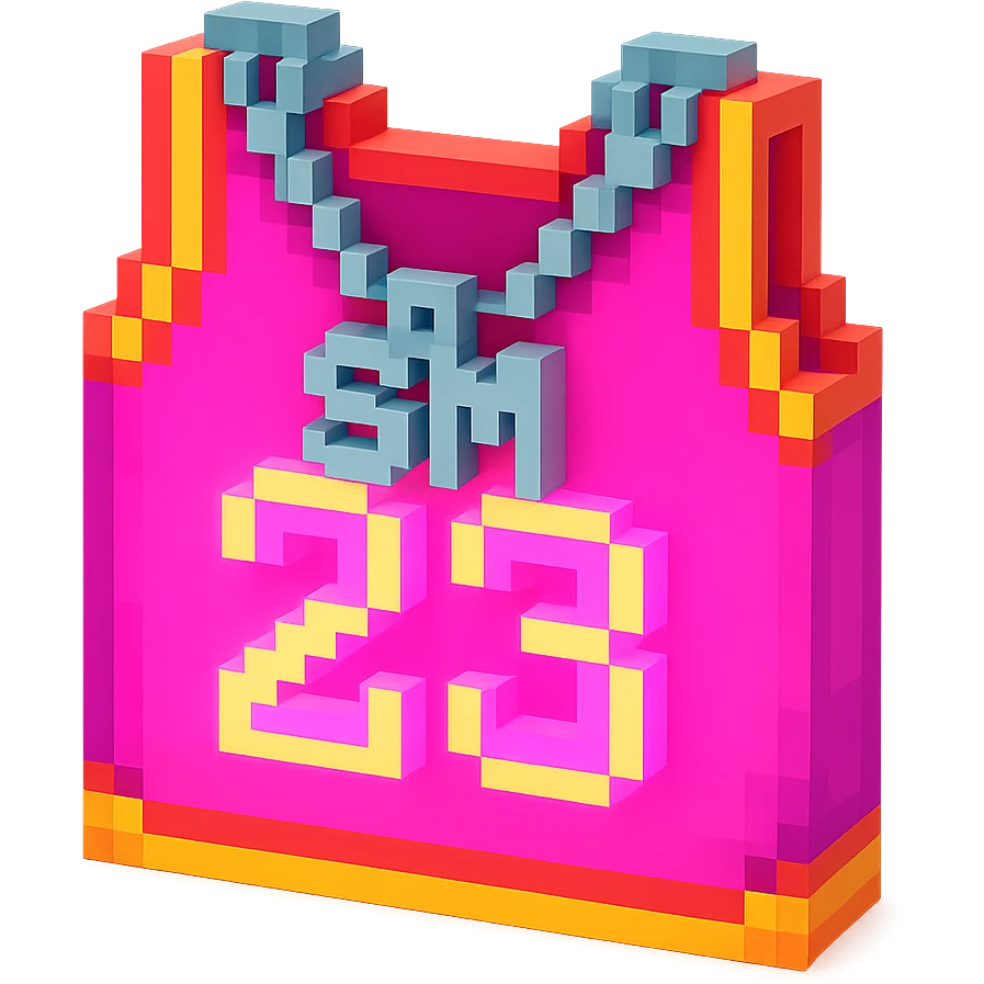 светящейся розовая баскетбольная майка с надписью "23" и серебряная цепь с надписью "SM", no background emoji