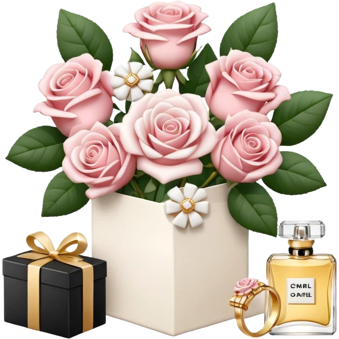 Cute white aesthetic emoji stickers set, including roses bouquet, engagement ring box, envelope with flowers, Chanel perfume, 3D render, glossy texture, delicate details, minimalist background, sticker style,  emoji