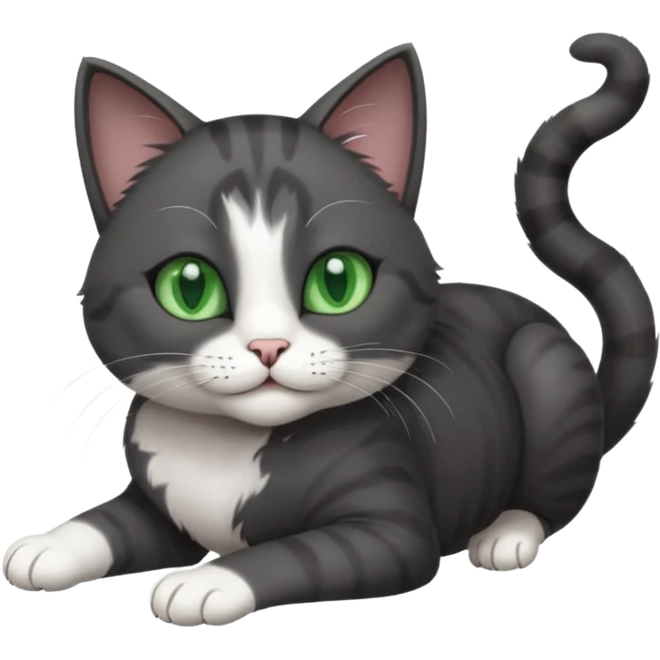 beautiful female solid dark grey cat with green eyes, white toes/paws and white patch on her chest playfully rolling upside down emoji